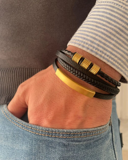 Pulseira multifacetada em Aço inoxidável + pele. Pulseiras