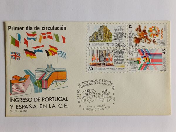 FDC Espanha Adesão Portugal e Espanha CEE . Selos