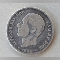 Moeda de 2 pesetas em prata de 1882. Moedas. Valença. Portugues