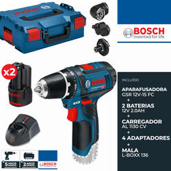 Aparafusadora Bosch Profissional GSR 12V-15 FC + Adaptadores + 2 Baterias 12V 2.0Ah + Mala. Ferramentas e maquinaria. Vila Nova de Gaia.      Novo / Como novo