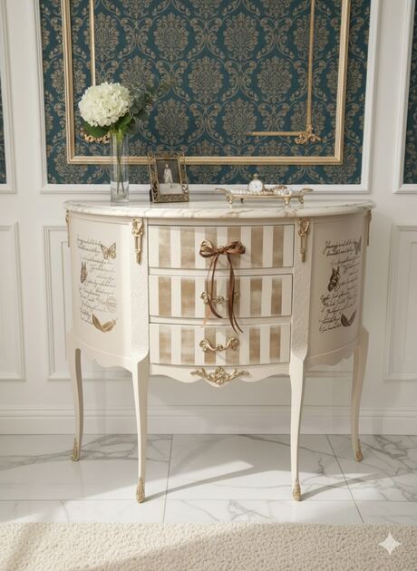 Consola Luís XV com pernas curvas e traços Rococó. Laterais adornadas com Borboletas e escrita manuscrita, conferindo-lhe um ar romântico e vintage.
Medidas :
Altura 0.80 cm
Cumprimento 0.87
Profundidade 0.30cm
🚛 Possibilidade de entrega em algumas localidades mediante acréscimo de valor
Valor 180€. Cómoda