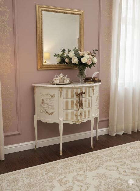 Consola Luís XV com pernas curvas e traços Rococó. Laterais adornadas com Borboletas e escrita manuscrita, conferindo-lhe um ar romântico e vintage.
Medidas :
Altura 0.80 cm
Cumprimento 0.87
Profundidade 0.30cm
🚛 Possibilidade de entrega em algumas localidades mediante acréscimo de valor
Valor 180€. Cómoda