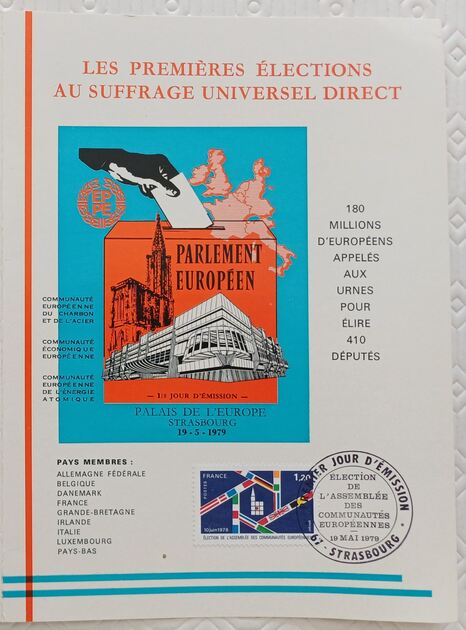 Documento comemorativo das primeiras eleições euro. Selos