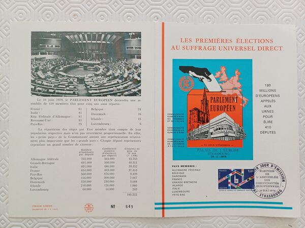 Documento comemorativo das primeiras eleições euro. Selos