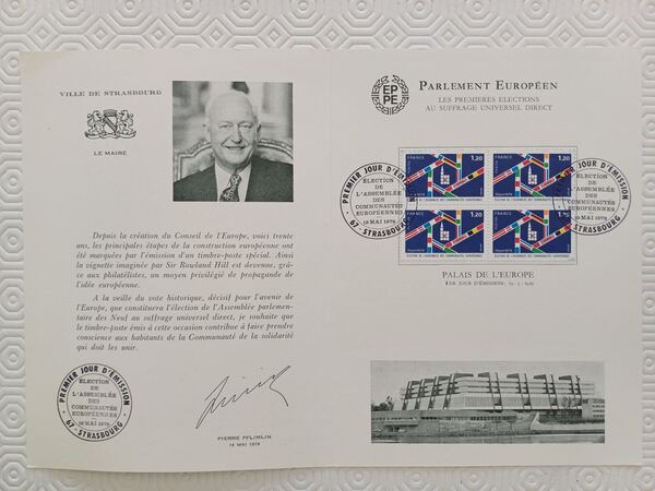 Documento comemorativo das primeiras eleições euro. Selos