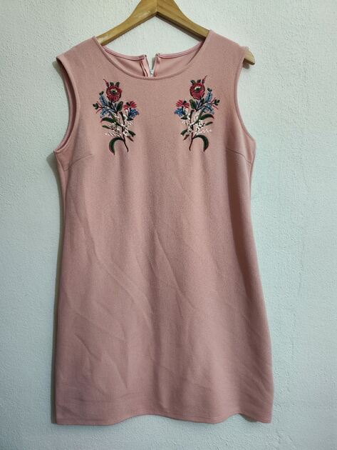 Vestido elegante bordado, cor de rosa, Midi, tamanho L. Vestidos