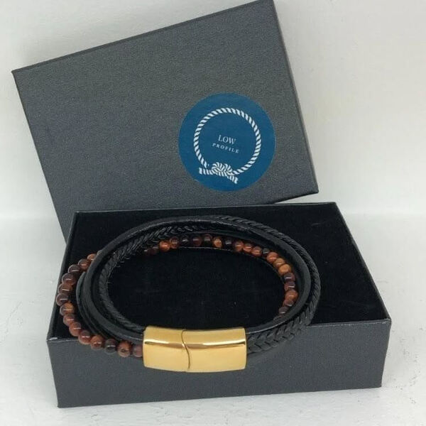 Pulseira multifacetada de couro/aço/pedras. Pulseiras