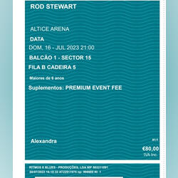 1 bilhete concerto ROD STEWART no Altice Arena . Bilhetes. Santa Clara